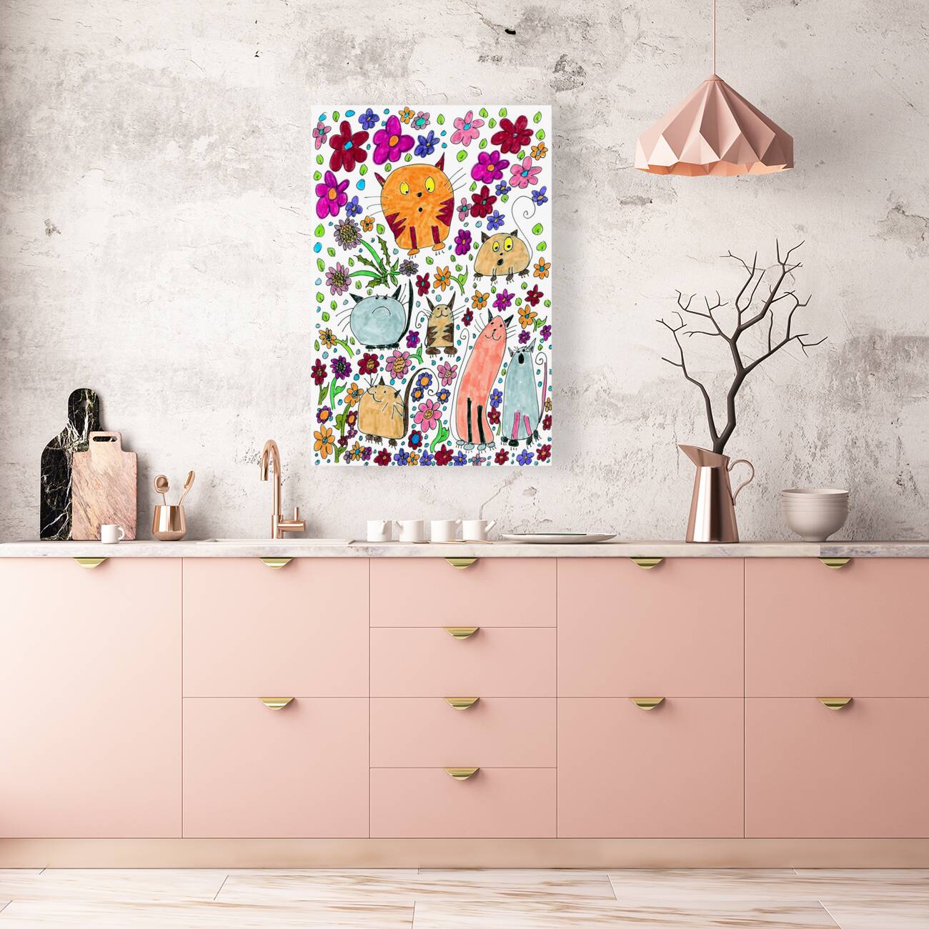 Abstract Floral Doodle Art Cats  Reproduction