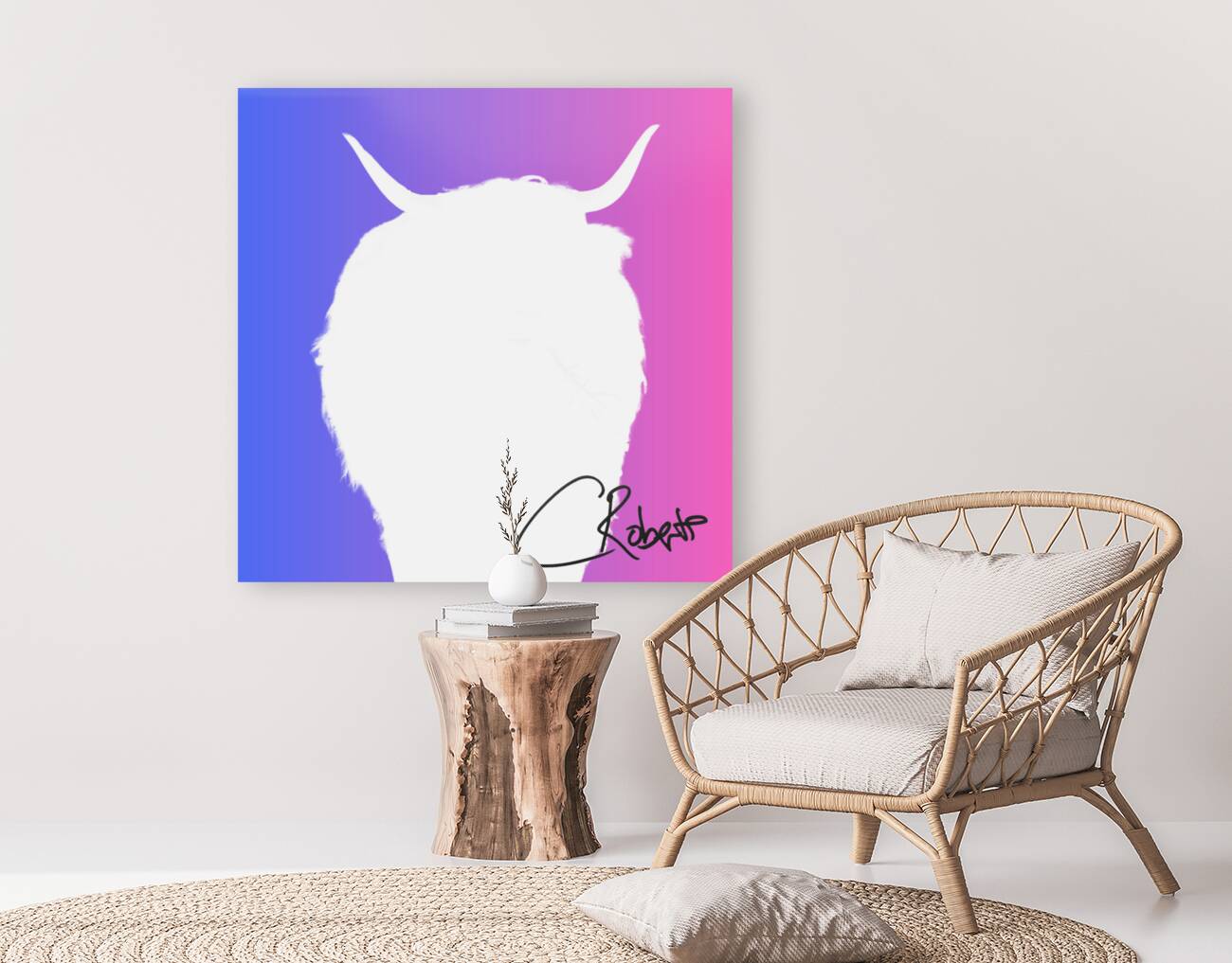 White Highland Cow Silhouette with Pink Background Reproduction