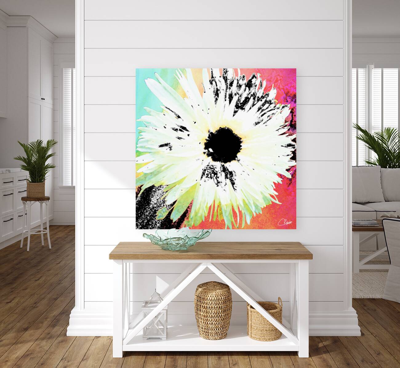 White Daisy Dark Centred on an Abstract Background Reproduction