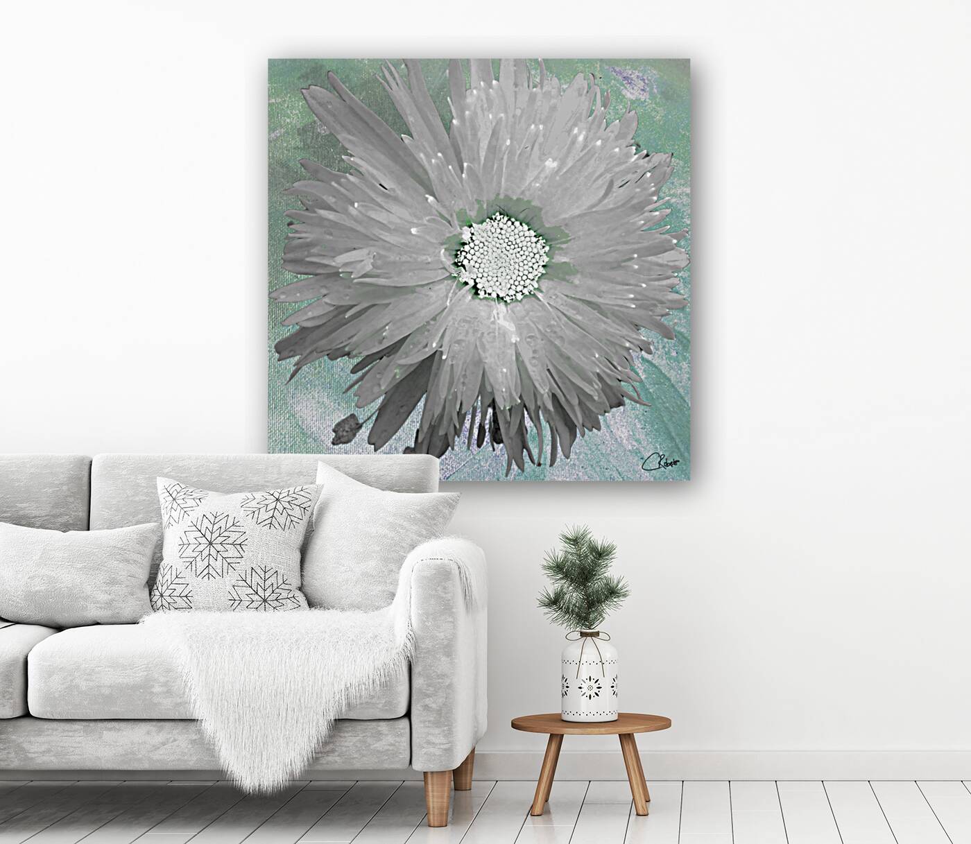 Paler Silver Turquoise Daisy on a Green Abstract Background Reproduction