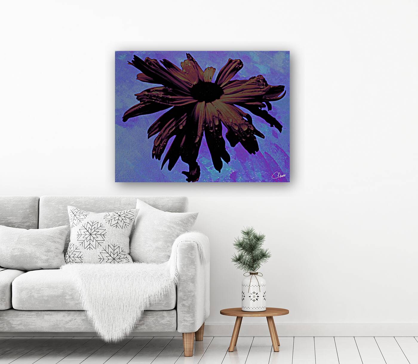 Abstract Dark Pink Daisy Flower on a Bluey Pink Abstract Background Reproduction