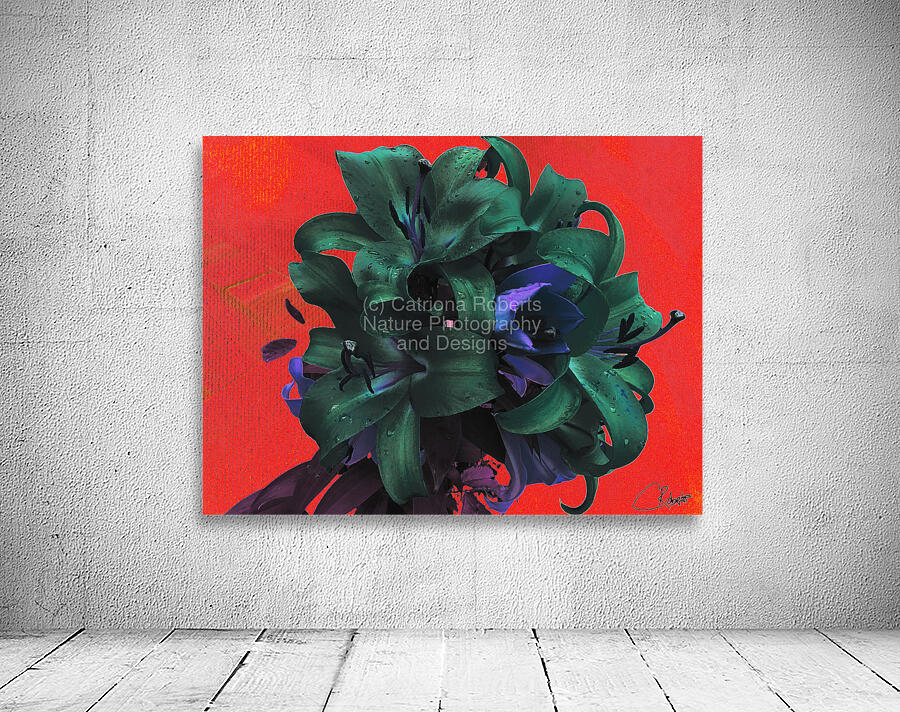 Abstract Green and Blue Lilies on a Red Background Wall Preview