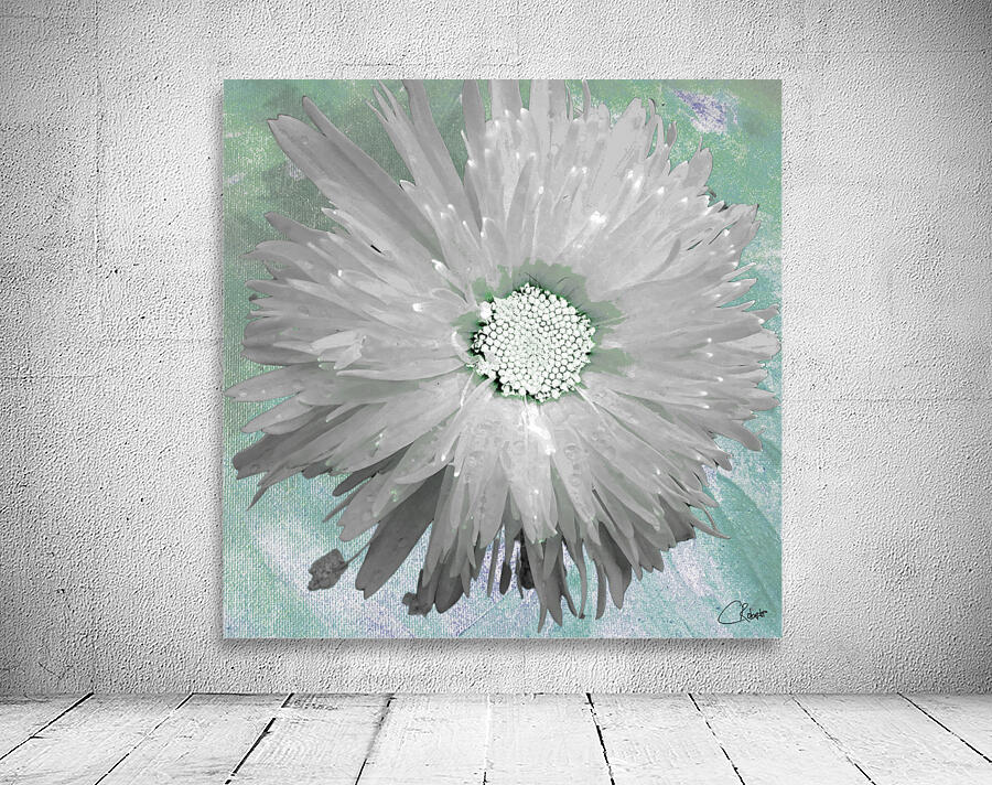 Paler Silver Turquoise Daisy on a Green Abstract Background Wall Preview