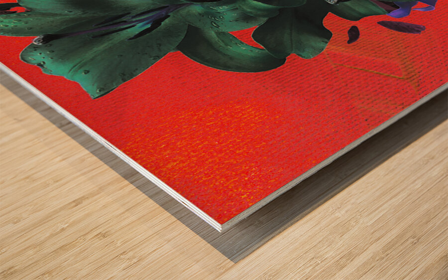 Abstract Green and Blue Lilies on a Red Background Wood print