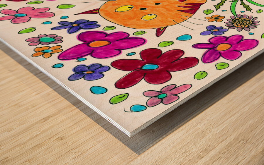 Abstract Floral Doodle Art Cats  Wood print