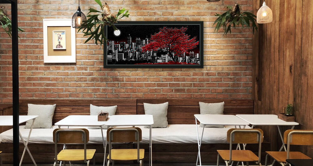 Red Tree in Front of Cityscape - Night by Dany Hernandez