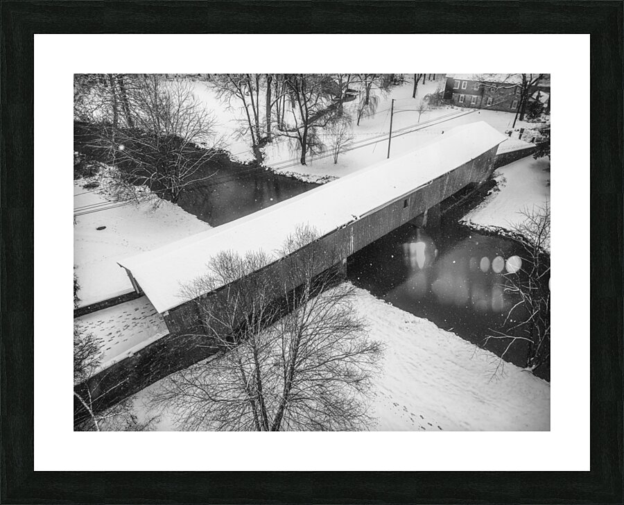Black and White Snowy Bogert Covered Bridge Aerial Picture Frame print