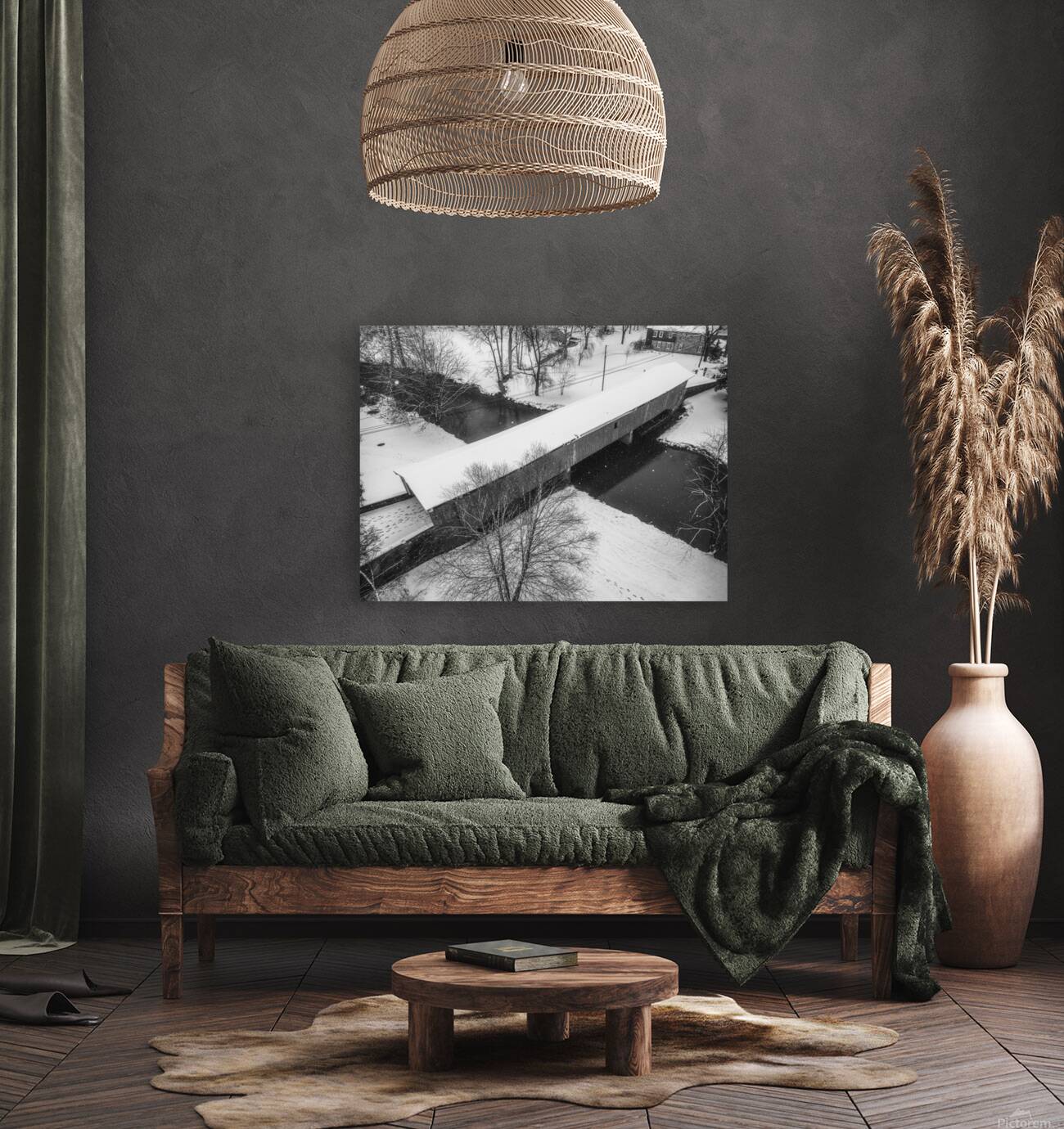 Black and White Snowy Bogert Covered Bridge Aerial Reproduction