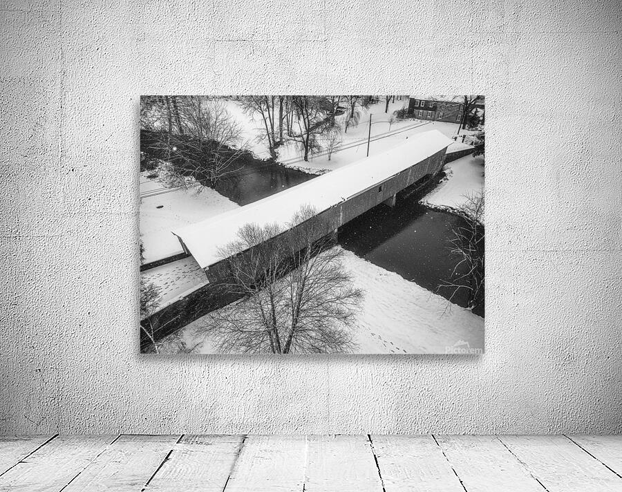 Black and White Snowy Bogert Covered Bridge Aerial Wall Preview