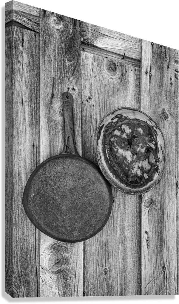 Rusty Pans On Cabin Wall in B&W