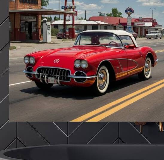 Cruising Route 66: A Radiant Red 1957 Chevrolet Corvette in Vintage Americana by toumi
