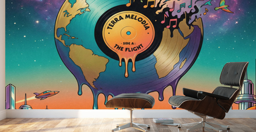 Surreal Melting Vinyl Record Earth Globe in Psychedelic Futurist