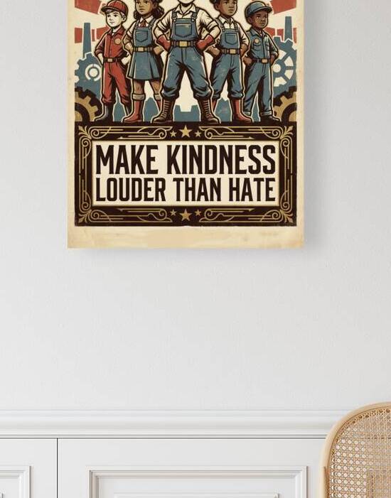 Kindness Poster Diverse Children Workers in Retro by Maxi Art