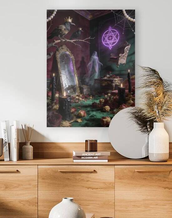 Gothic Occult Room with Crowned Ravens Ghostly Figure and Dark by Maxi Art