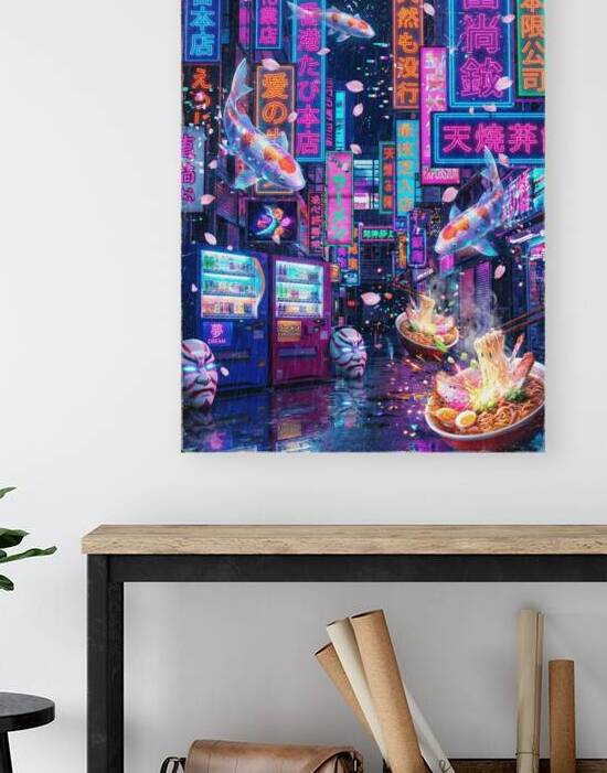 Neon Cyberpunk Street Scene Featuring Koi Fish Ramen Bowls and by Maxi Art