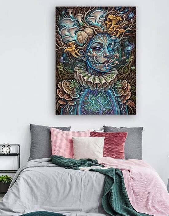 Psychedelic Mushroom Portrait of Mystical Woman Merged with Fore by Maxi Art
