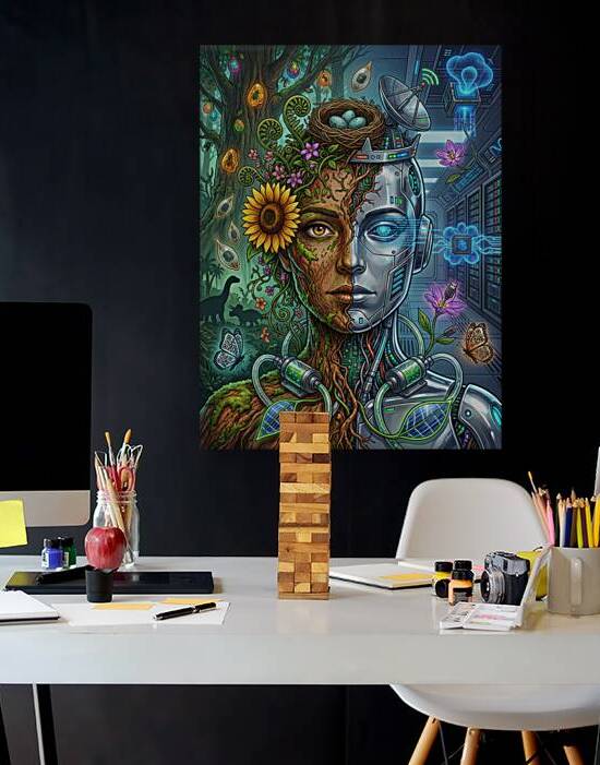 Nature and Technology Symbiosis: Hybrid Human Robot Face Illustr by Maxi Art