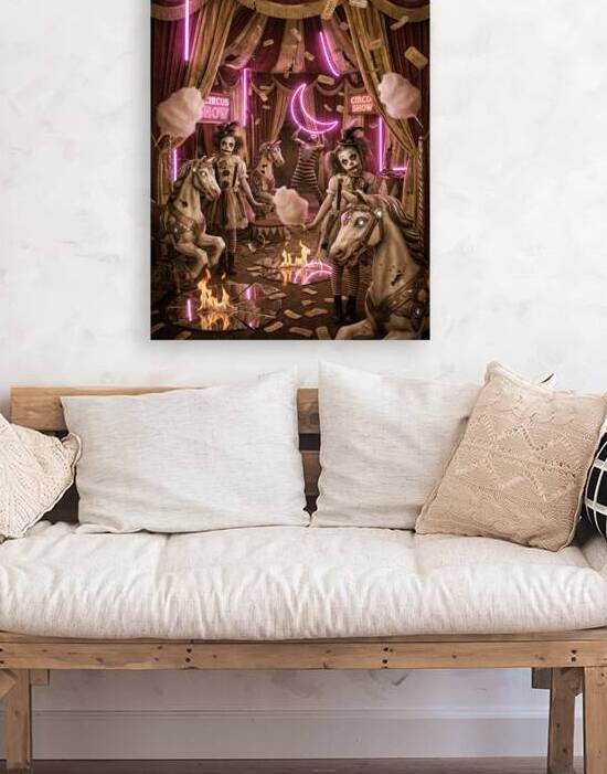 Creepy Circus Show Scene with Scary Clowns Neon Lights and Vin by Maxi Art