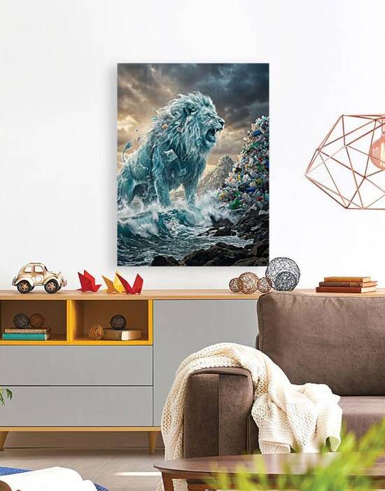 Ocean Plastic Pollution Crisis: Roaring Water Lion Confronts Pla by Maxi Art