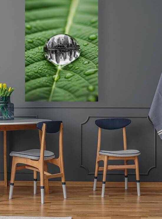 Urban Skyline Reflected in Water Drop on Green Leaf Macro Shot by Maxi Art