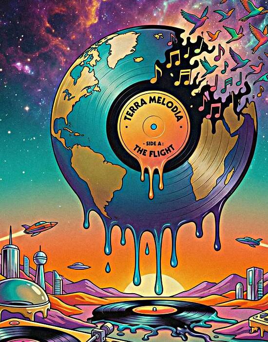 Surreal Melting Vinyl Record Earth Globe in Psychedelic Futurist by Maxi Art
