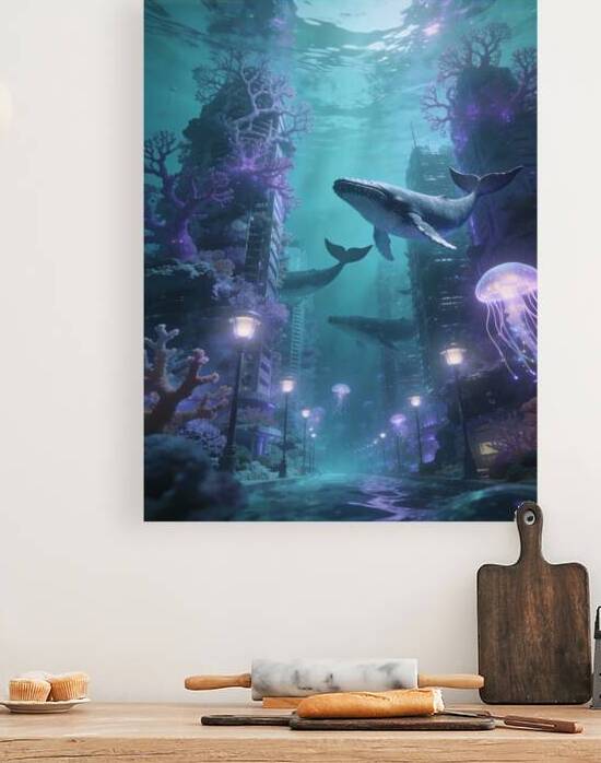 Underwater City Street with Whales Swimming Between Submerged Sk by Maxi Art