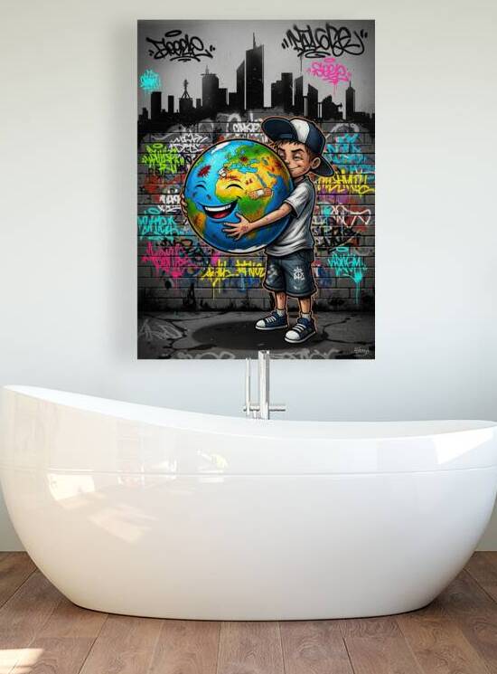 Boy Hugging Earth Graffiti Art Against Urban City Skyline by Maxi Art