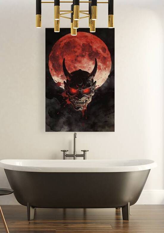 Oni Mask Illustration Against Blood Moon Japanese Demon Art by Maxi Art