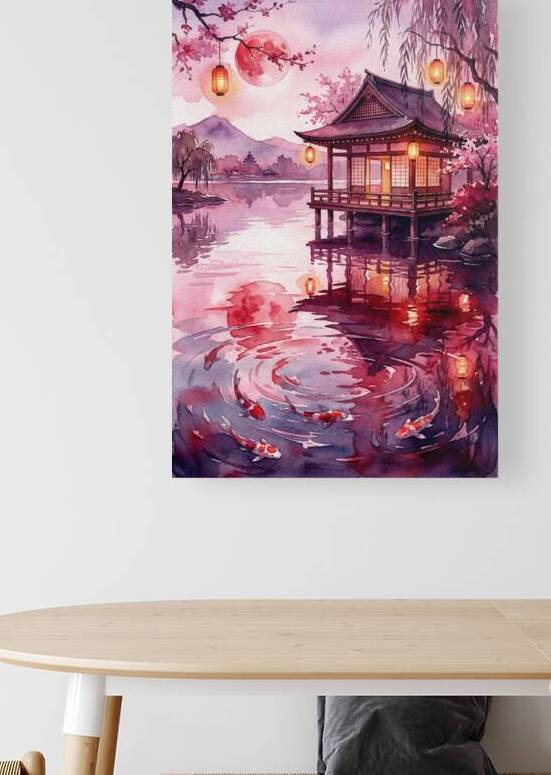 Japanese Watercolor Landscape Painting of Pavilion Koi Fish an by Maxi Art