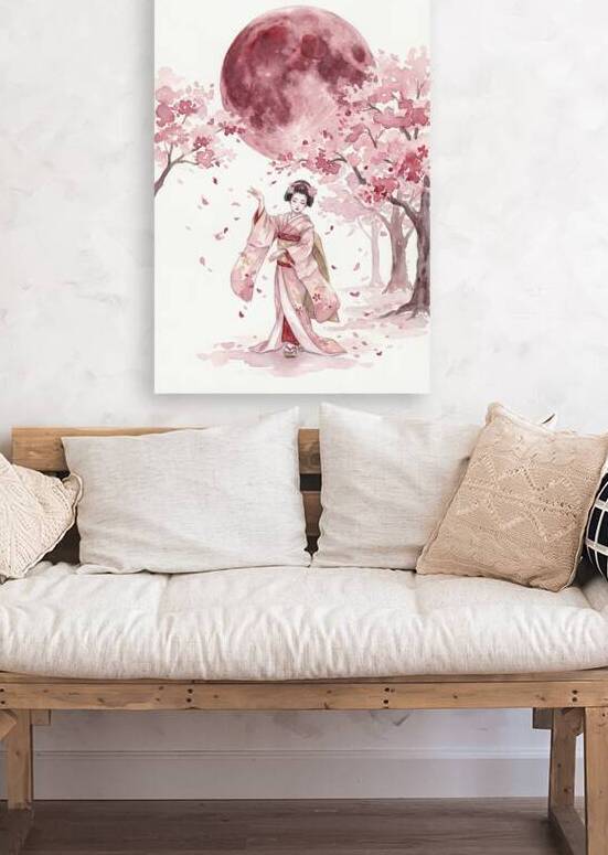 Geisha Watercolor Painting Under Pink Cherry Blossom Trees and R by Maxi Art