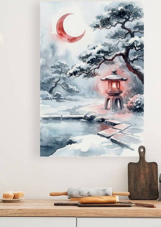 Japanese Garden Winter Watercolor with Stone Lantern Snowy Pine by Maxi Art