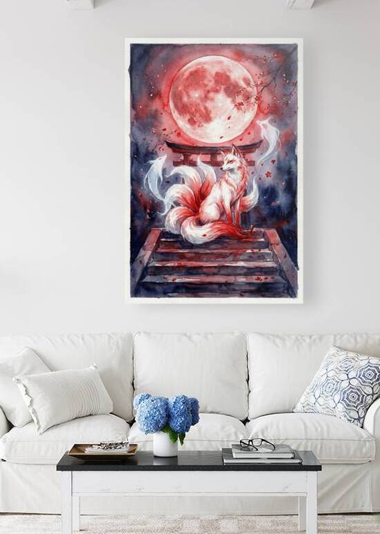 Kitsune Nine Tailed Fox Under Red Blood Moon Watercolor Illustra by Maxi Art