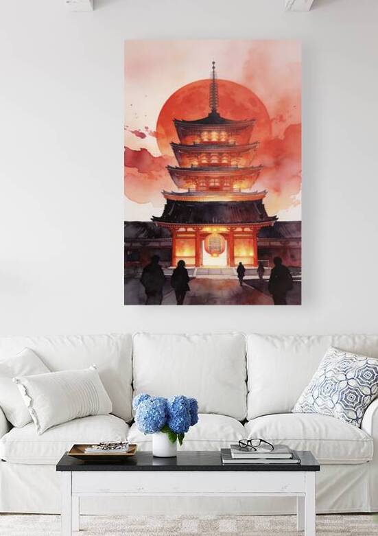 Traditional Japanese Pagoda Watercolor Painting Under a Giant Bl by Maxi Art