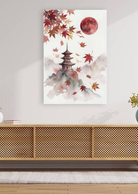 Japanese Pagoda Watercolor Painting with Autumn Maple Leaves and by Maxi Art