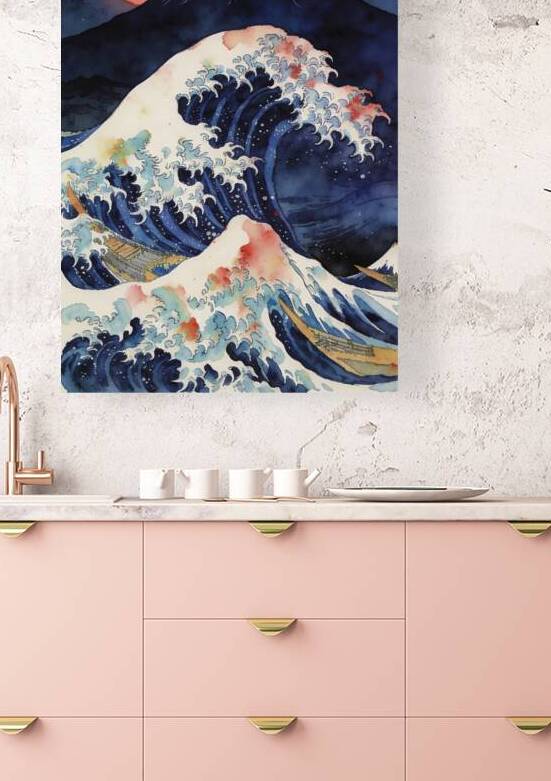 Japanese Great Wave Watercolor Painting with Red Moon and Mount  by Maxi Art
