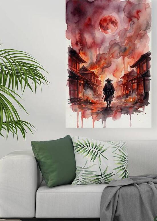 Ronin Walking Through Burning Japanese Village Under Blood Moon  by Maxi Art