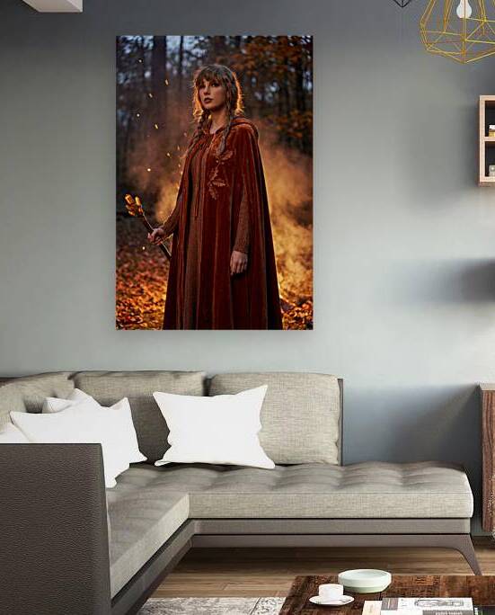 Mystical Sorceress in Velvet Cloak Holding Glowing Crystal Staff by Maxi Art