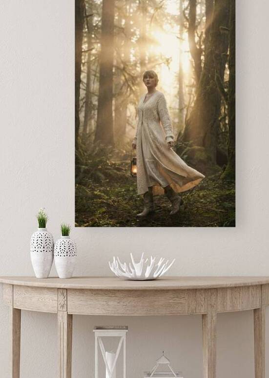 Woman with Lantern Walking Through Ethereal Misty Forest Sunligh by Maxi Art