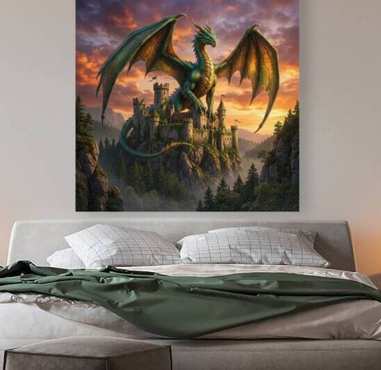 Stunning Dragon Overlooking Castle on Mountain - Majestic Image of Legendary Beauty by chahid