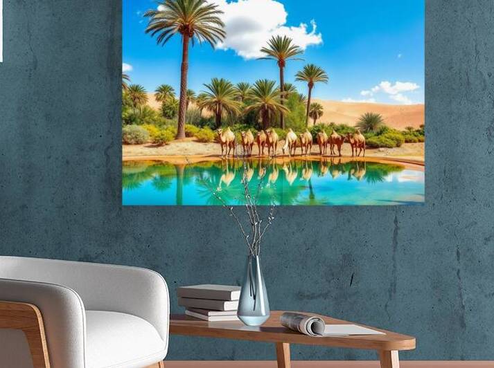 Beautiful Desert Oasis with Camels Drinking Water by chahid