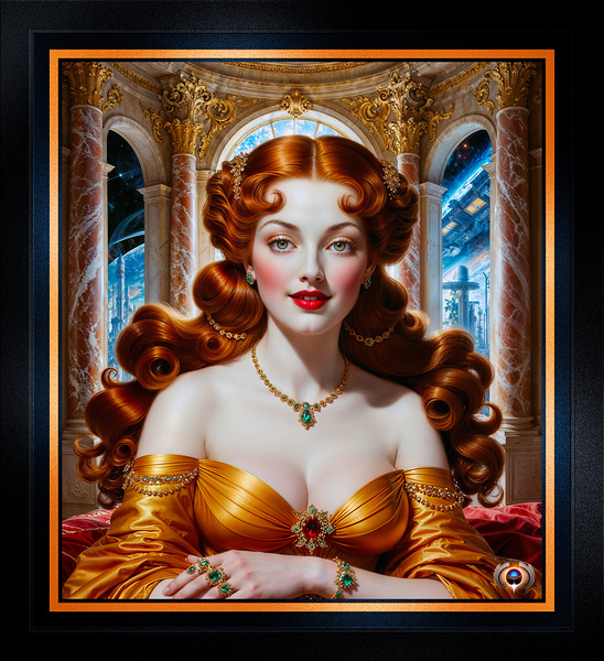 A Regal Redhead In A Gold Dress Amid Opulent Palace With Sci-Fi Backdrop  Mesmerizing AI Concept Art by Xzendor7 by xzendor7 Wall Art