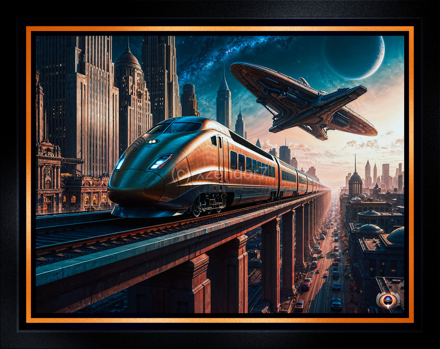 Retro-Futurism Cityscape With High Speed Train And Hovering