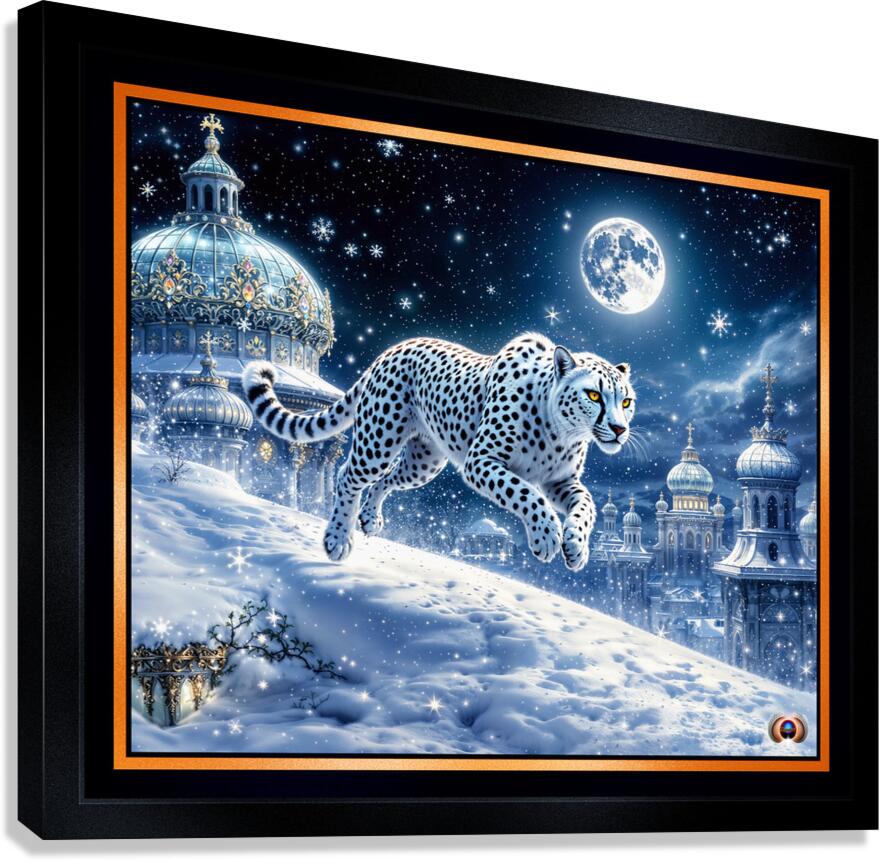 Mystical White Cheetah Traversing An Enchanting Moonlit Winter Cityscape Captivating AI Concept Art by Xzendor7 Canvas Print