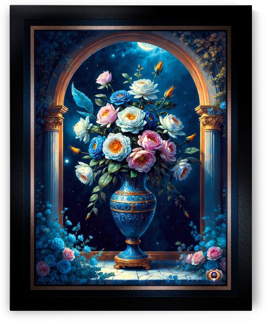 Glorious Floral Bouquet In A Majestic Blue Vase Under A Moonlit Sky Captivating AI Concept Art by Xzendor7 by xzendor7