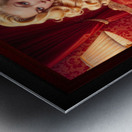 An Elegant Blonde Bombshell Pin Up Girl Sitting On A Red Velvet Sofa Gorgeous AI Concept Art by Xzendor7 Metal print