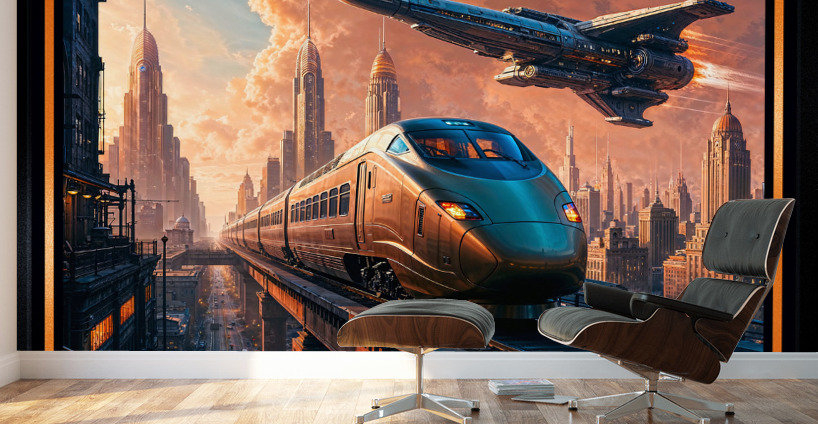 Retro-Futuristic Delketor Metropolis Train And Spaceship Scene Awe