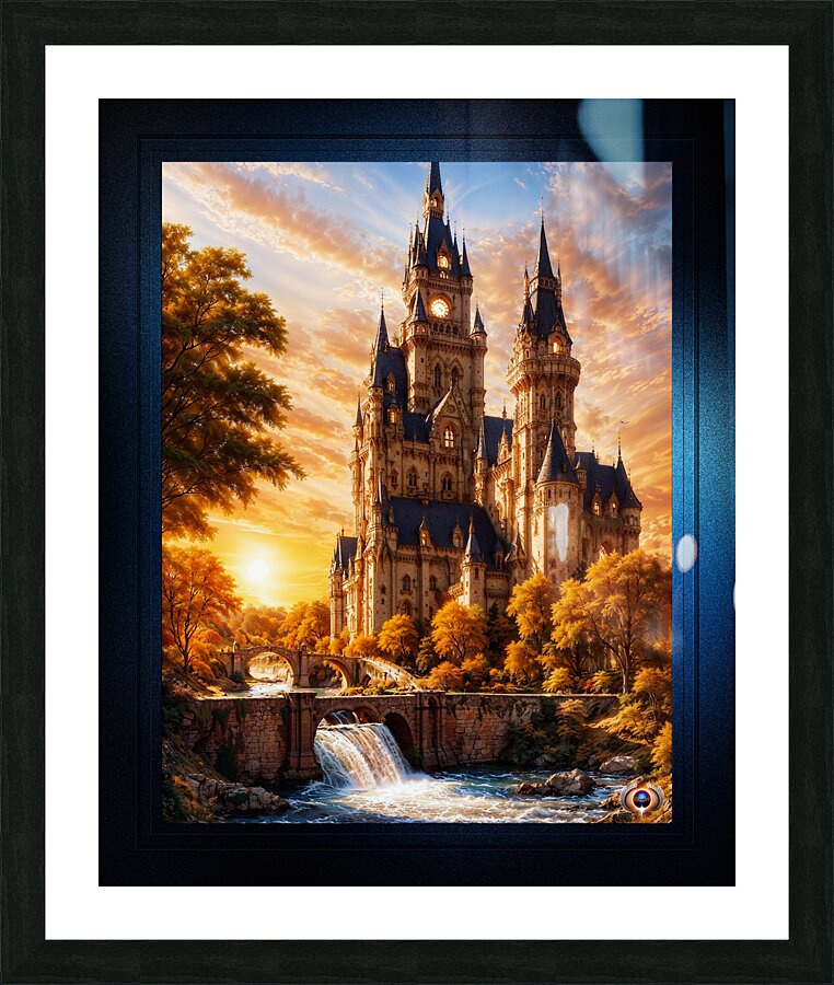 Fantasy Castle With Bridges Over A River by Sunset Astonishing AI Concept Art Portrait by Xzendor7 Picture Frame print