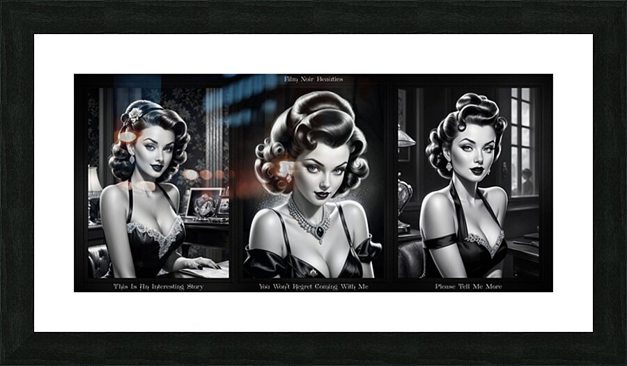 Portrait Illustration Of 3 Film Noir Retro Vintage Beauties Stunning AI Concept Art by Xzendor7 Picture Frame print
