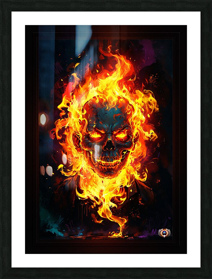 Fiery Flaming Skull Graffiti Abstract Frightening AI Concept Art by Xzendor7 Picture Frame print
