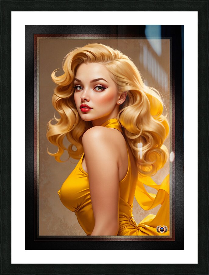 Her Golden Color Mesmerizing Pin Up Girl AI Concept Art Portrait by Xzendor7 Picture Frame print